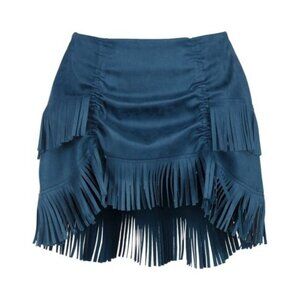 Blue Suede Ruched Bustle Skirt w/Fringe